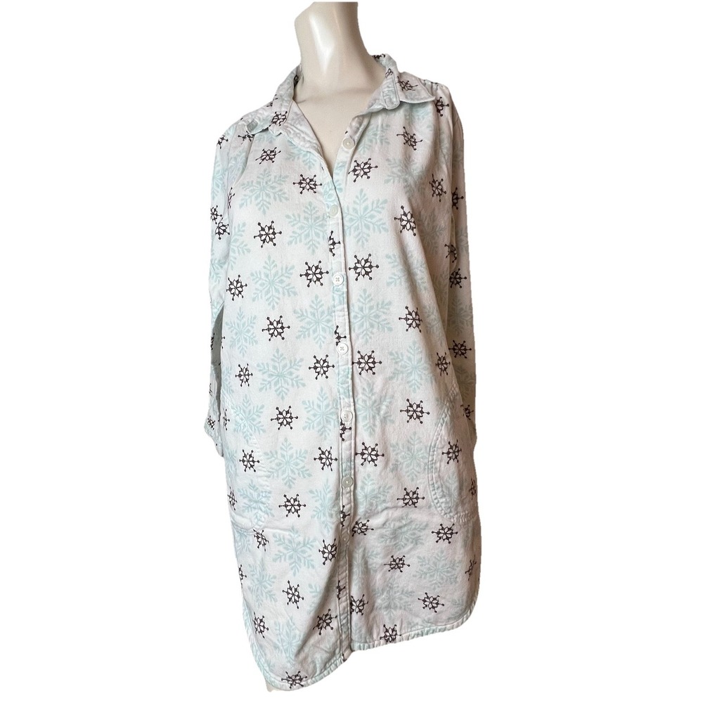 Sleep Sense Blue Snowflake Portuguese Flannel Nightgown Pockets Size Large